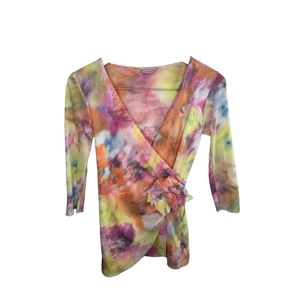 Vtg Y2K Johnny Heaven Tie-Dye Whimsy Watercolor Floral Sheer Mesh Wrap Top Small